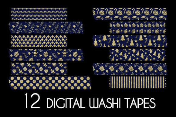 12 Christmas Blue Gold Washi Tapes: Festive Patterns for Creative Joy All Season Long