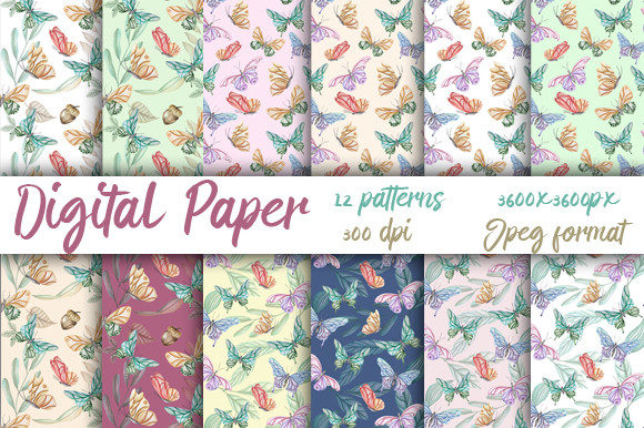 Patterns Butterfly Leaves, Watercolor: Seamless Digital Papers for Creative Versatility