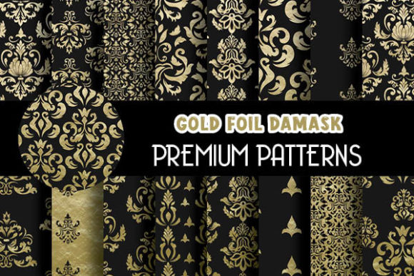 Royal Black Gold Foil Damask Patterns